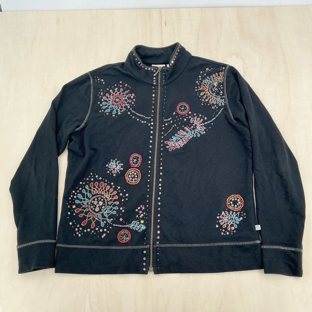 Zenergy by Chicos Jacket Womens 1/S Black Beaded Sunburst Zip Up Track Boho Art